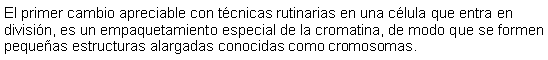 Cuadro de texto: El primer cambio apreciable con tcnicas rutinarias en una clula que entra en divisin, es un empaquetamiento especial de la cromatina, de modo que se formen pequeas estructuras alargadas conocidas como cromosomas.