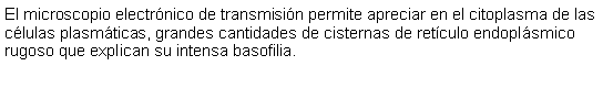 Cuadro de texto: El microscopio electrnico de transmisin permite apreciar en el citoplasma de las clulas plasmticas, grandes cantidades de cisternas de retculo endoplsmico rugoso que explican su intensa basofilia. 