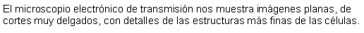 Cuadro de texto: El microscopio electrnico de transmisin nos muestra imgenes planas, de cortes muy delgados, con detalles de las estructuras ms finas de las clulas. 