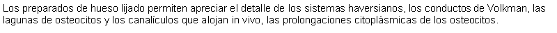 Cuadro de texto: Los preparados de hueso lijado permiten apreciar el detalle de los sistemas haversianos, los conductos de Volkman, las lagunas de osteocitos y los canalculos que alojan in vivo, las prolongaciones citoplsmicas de los osteocitos.