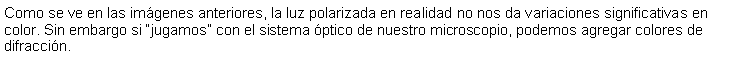 Cuadro de texto: Como se ve en las imgenes anteriores, la luz polarizada en realidad no nos da variaciones significativas en color. Sin embargo si jugamos con el sistema ptico de nuestro microscopio, podemos agregar colores de difraccin.