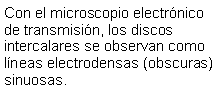 Cuadro de texto: Con el microscopio electrnico de transmisin, los discos intercalares se observan como lneas electrodensas (obscuras) sinuosas. 