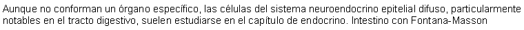 Cuadro de texto: Aunque no conforman un rgano especfico, las clulas del sistema neuroendocrino epitelial difuso, particularmente notables en el tracto digestivo, suelen estudiarse en el captulo de endocrino. Intestino con Fontana-Masson