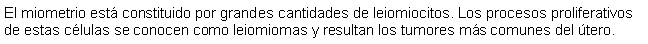 Cuadro de texto: El miometrio est constituido por grandes cantidades de leiomiocitos. Los procesos proliferativos de estas clulas se conocen como leiomiomas y resultan los tumores ms comunes del tero.