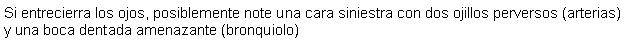 Cuadro de texto: Si entrecierra los ojos, posiblemente note una cara siniestra con dos ojillos perversos (arterias) y una boca dentada amenazante (bronquiolo)